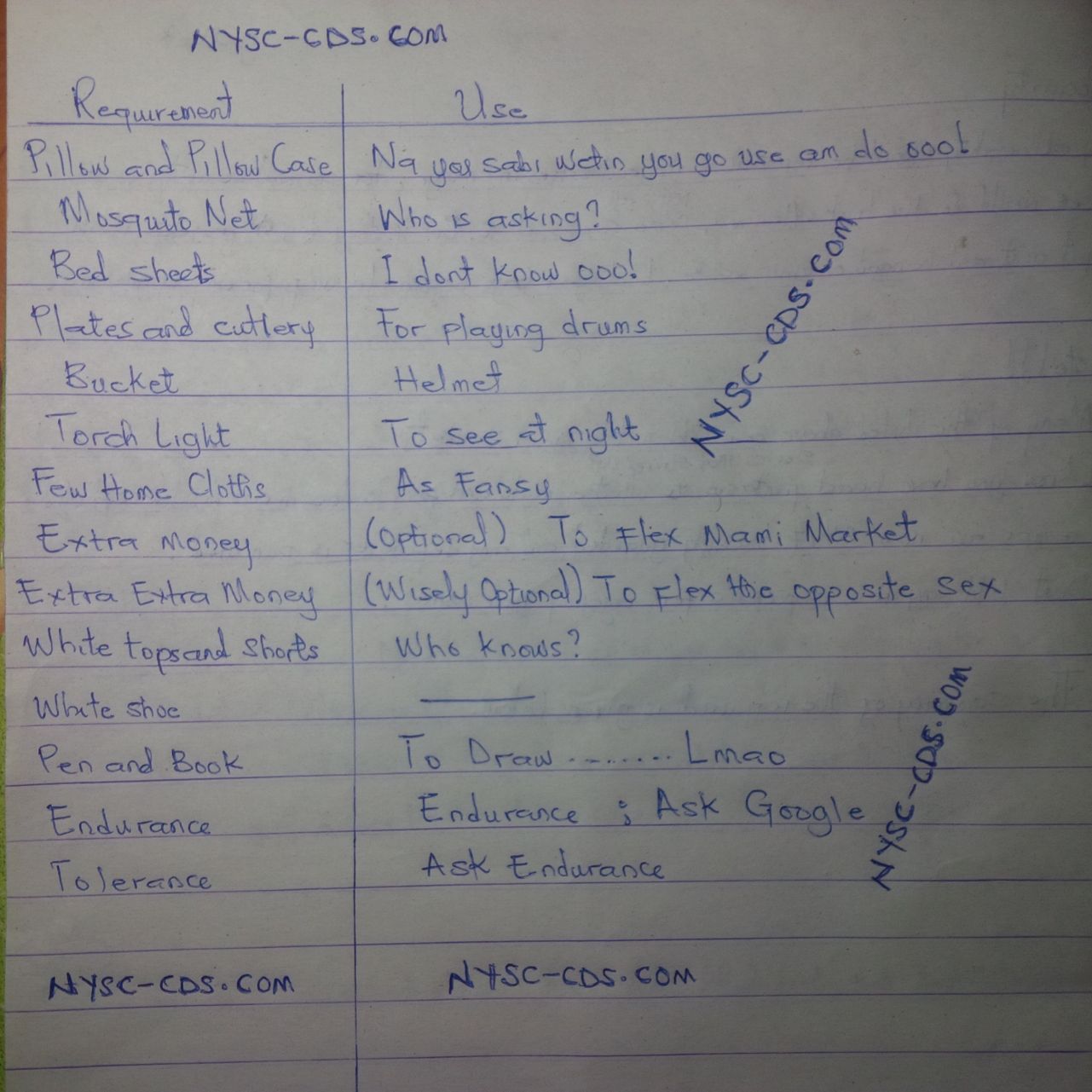 Items you should take to NYSC Orientation camp